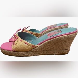 Lilly Pulitzer Jute Relay Hibiscus Pink and Blue  Espadrille Wedges size 8